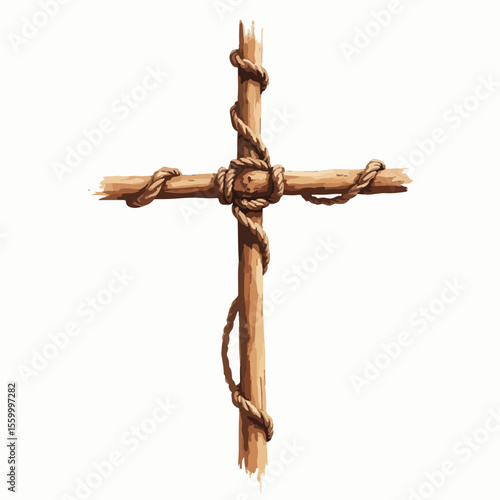 Rustic cross brace design with rope, scaffold-inspired element in knotwork style. Artistic scaffold cross brace displays religious symbol and rough wooden texture.