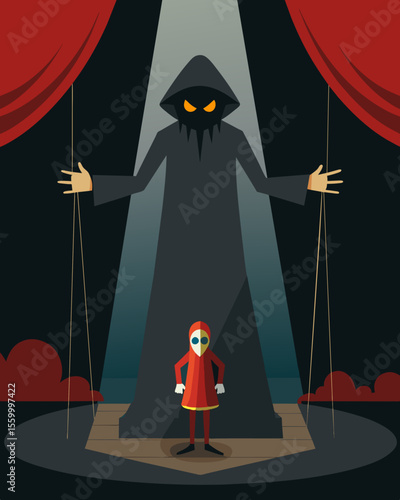A dark figure looming over a stage their presence felt even though their face is shrouded by darkness as they manipulate their puppet.. Vector illustration