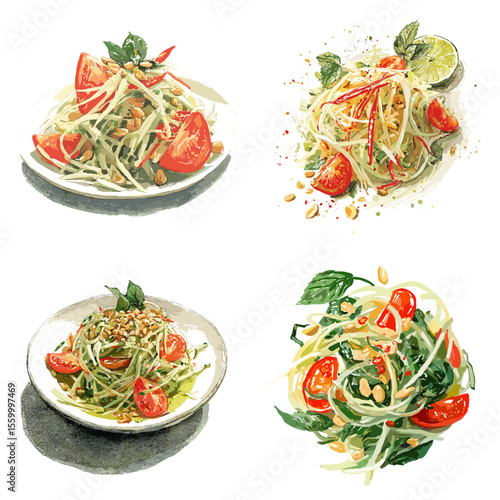 Fresh and spicy Thai green papaya salad illustration with cherry tomatoes, lime, and peanuts—perfect for Southeast Asian cuisine and healthy food visuals.

