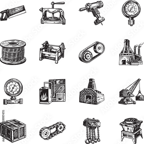 Collection of Industry Vintage Style Illustrations 
