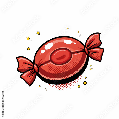 Delicious red candy with a glossy shine, a sweet treat in wrapper with tied ends. This colorful red candy brings joy and sugary delight. Use red candy for sweet themed designs and celebrations.