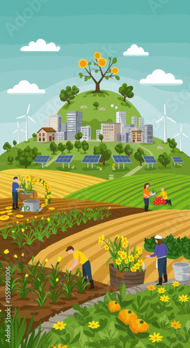 This vector image shows a farm with rows of crops being irrigated by a worker, with solar panels placed among the plants.