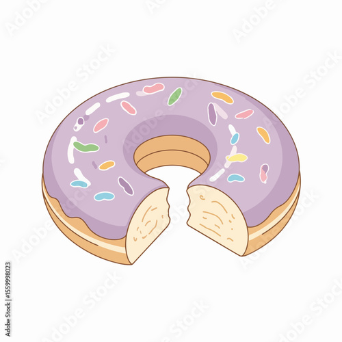 Purple glazed donut in simple illustration, a delectable treat with colorful sprinkles. Purple glazed donut is perfect for adding a sweet touch to any design.