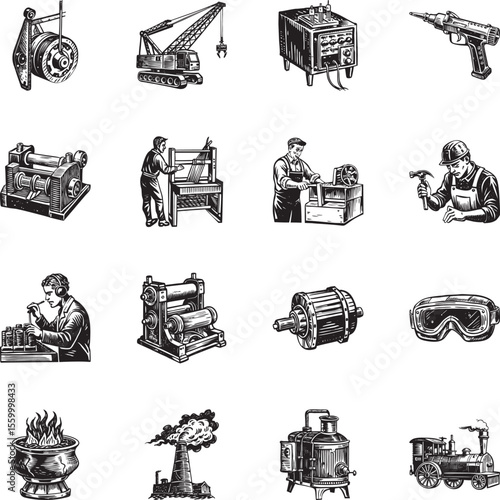 Pack of Manufacturing Vintage Style Illustrations 