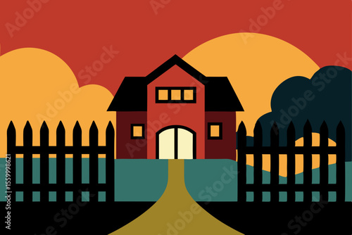rustic countryside dirt road with gate and barn