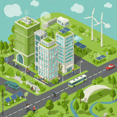 This vector image showcases a green, sustainable urban city.