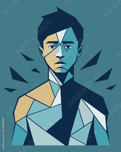A photograph of a distorted warped body shape made up of shattered pieces of mirrors representing the fragmentation of ones selfimage.. Vector illustration