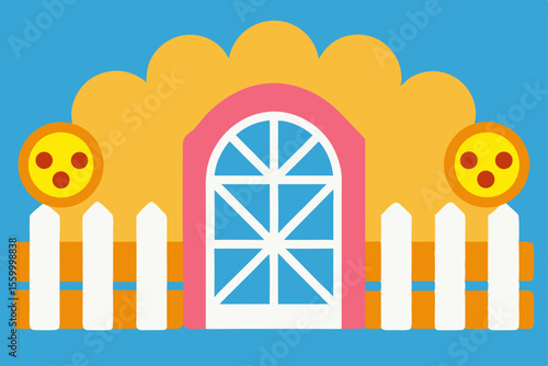 farmhouse gate with hay bales and grazing sheep
