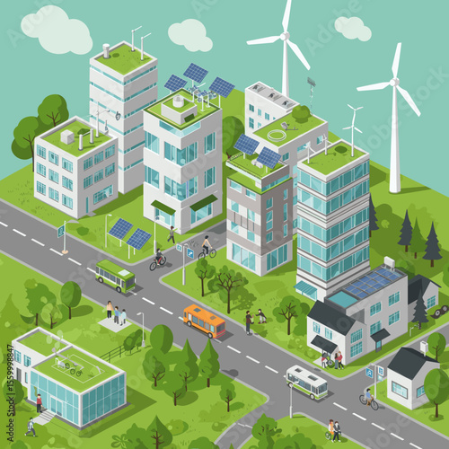 This vector image showcases a green, sustainable urban city.