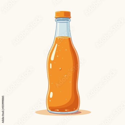 Orange soda bottle with bright, eye-catching design, featuring refreshing beverage in clear glass bottle. Orange soda bottle represents summertime coolness and refreshment.