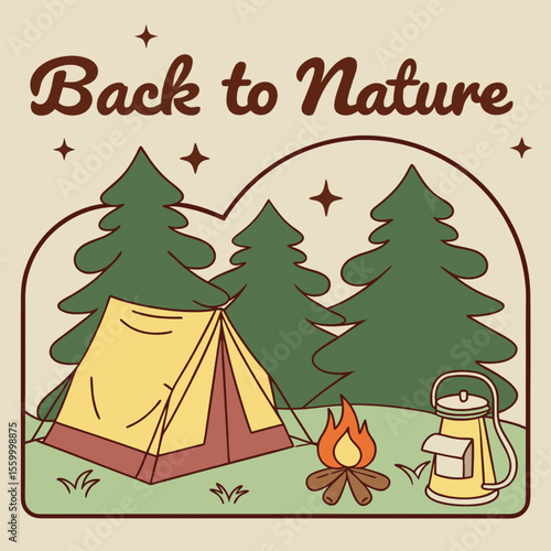 Camping trip features tent, campfire, lantern, and Back to Nature message