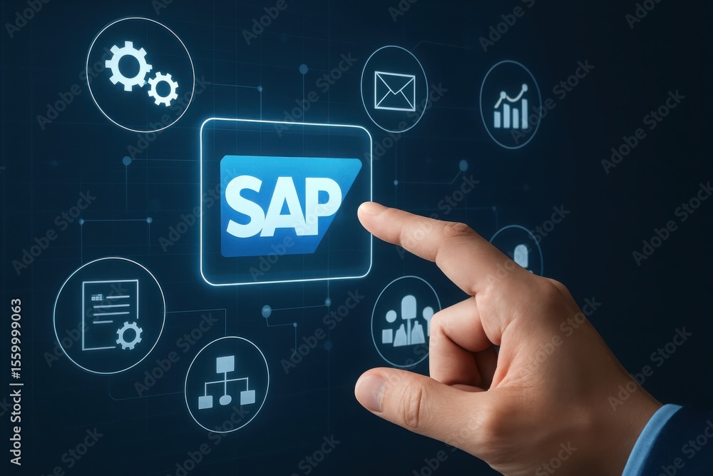 Fototapeta premium Hand pointing at sap software icon on a laptop screen
