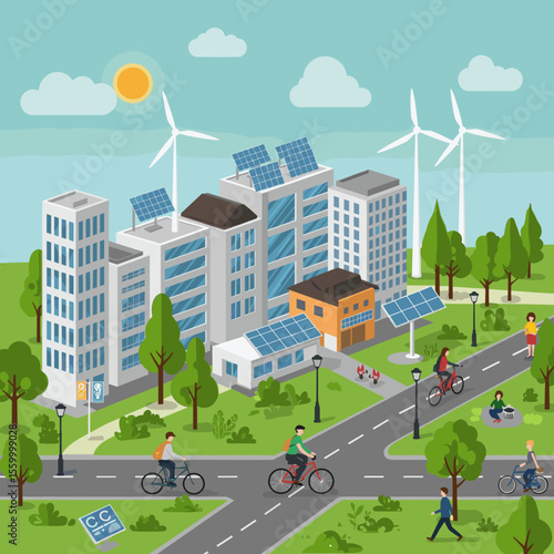 This vector image showcases a green, sustainable urban city.