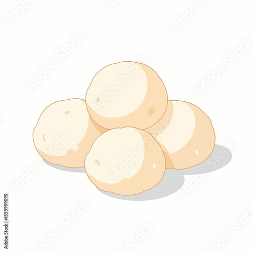 Mozzarella balls arrangement on white background, showing fresh dairy product. Mozzarella balls, small and round, give creamy texture, used in salads, pizzas, and antipasto.