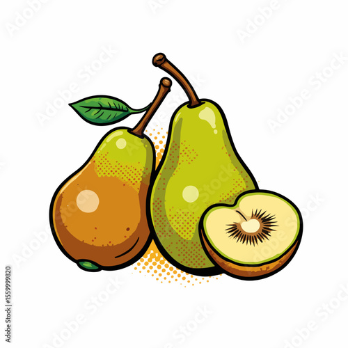 Kiwi and pears image features fresh fruits with bright colors and simple shapes. Kiwi and pears picture includes pear, kiwi, and leaf set in an appealing composition.