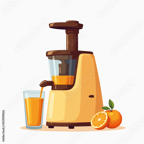 Juicer with orange juice freshly squeezed and ready to drink. Fresh juicer with orange juice offers natural vitamins and healthy lifestyle, served in clear glass.