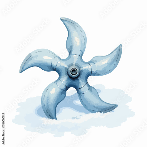 Illustrative ice fishing auger blade, silvery metallic element in snowy surroundings. This ice fishing auger blade illustration shows construction,