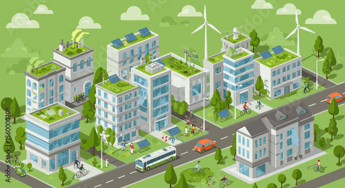 This vector image showcases a green, sustainable urban city.