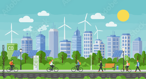 This vector image showcases a green, sustainable urban city.
