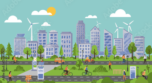 This vector image showcases a green, sustainable urban city.