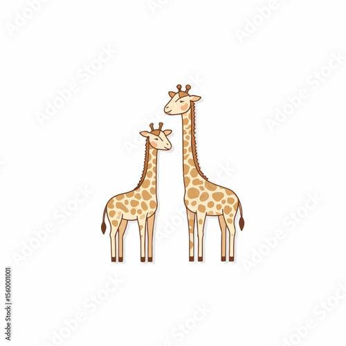 Two Giraffes are shown, one is tall, the other is shorter, both standing side by side. These lovely Giraffes are presented with the typical spots. A cute Giraffes illustration for a zoology flyer.