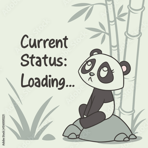 Cute panda sitting on rock with loading status near bamboo