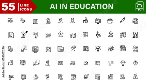 AI in Education Vector Outline Icons Set – Robot Teacher, AI Grading, Personalized Learning, Smart Board, Study Suggestions