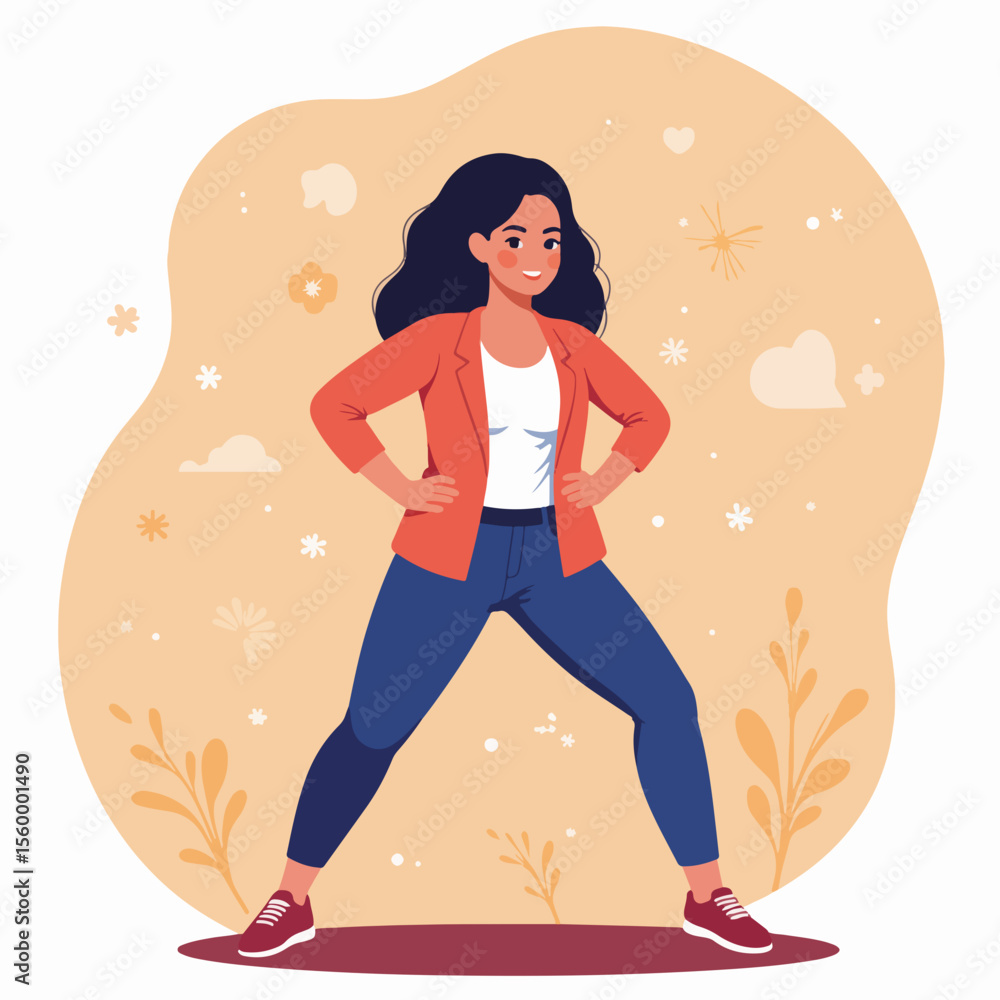 Flat vector, woman in strong pose showing confidence, standing with hands on hips. Flat vector in modern style depicts a confident woman in casual clothes, Flat vector, woman in strong pose showing confidence, standing with hands on hips. Flat vector in modern style depicts a confident woman in casual clothes,
