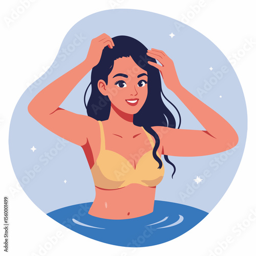 Flat vector of woman flipping wet hair near water, enjoying summer vacation. Flat vector showcases woman's joyful expression as she flips her wet hair,