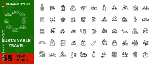 Sustainable Travel Vector Icons Set – Electric Car, Green Flight, Reusable Bottle, Zero Waste, Eco Hotel, Bicycle Tour

