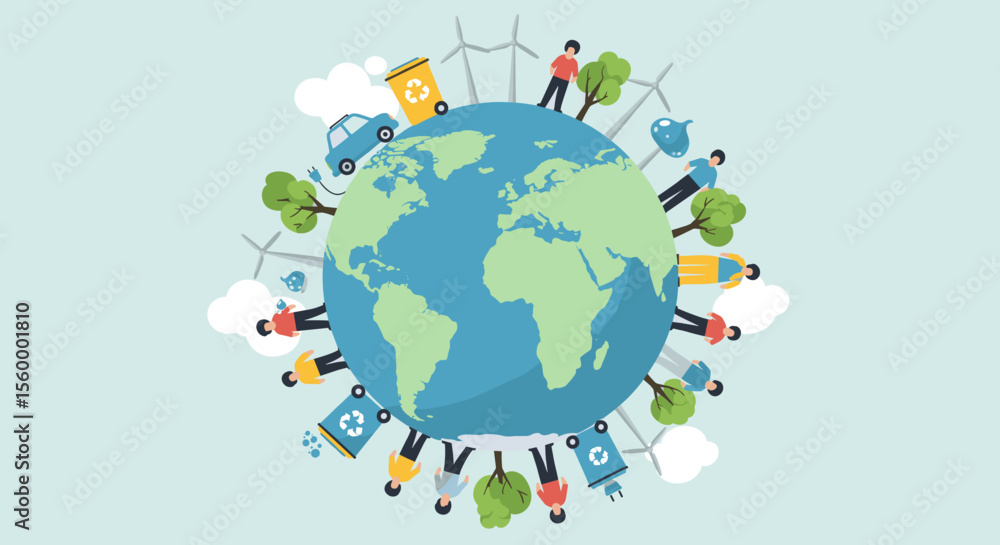 Fototapeta premium This vector image depicts a diverse group of people standing around the Earth, representing global efforts for sustainability