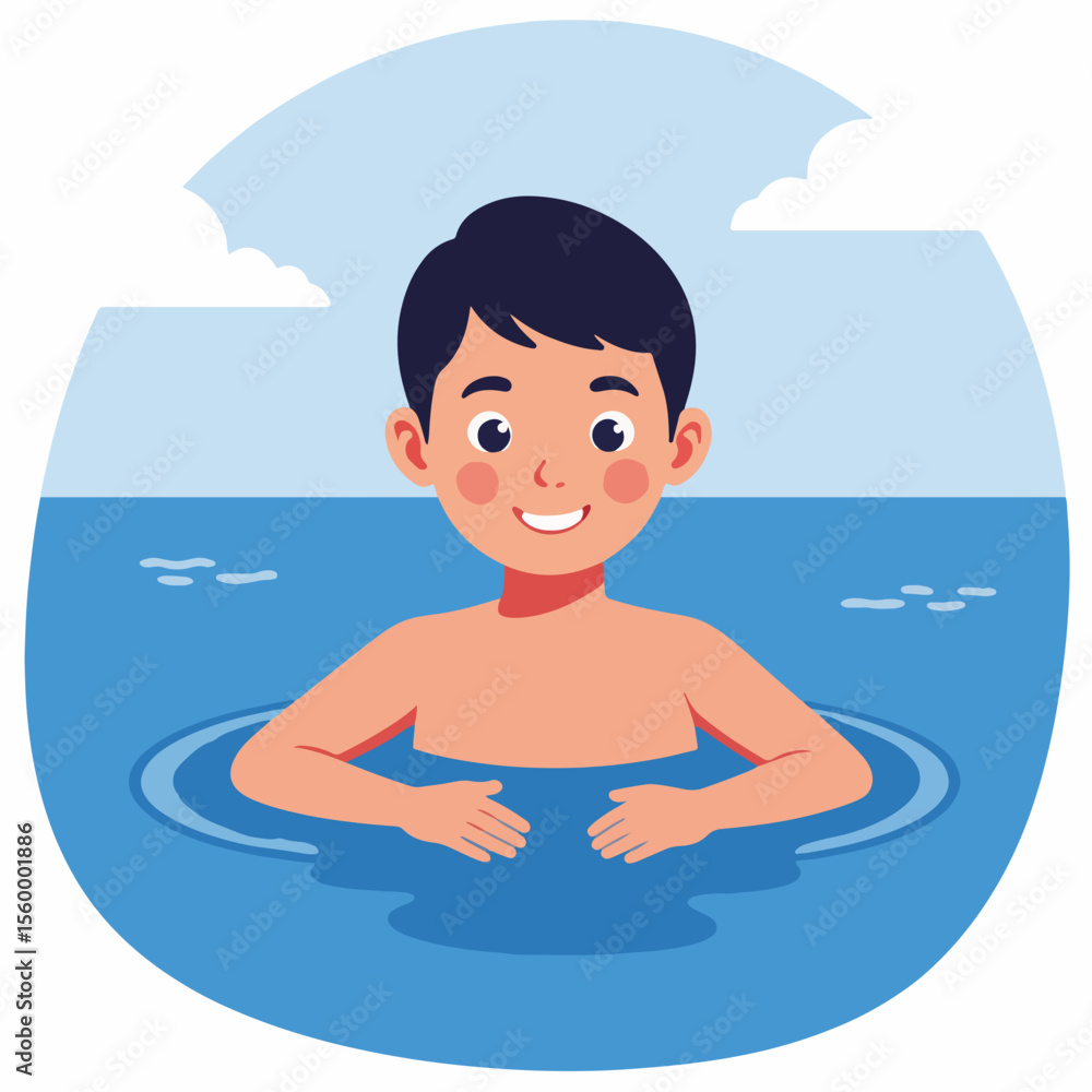 Boy swimming in lagoon depicted as a flat vector illustration, showing cheerful kid enjoying water. Flat vector image includes blue lagoon water and sky with clouds. Boy swimming in lagoon depicted as a flat vector illustration, showing cheerful kid enjoying water. Flat vector image includes blue lagoon water and sky with clouds.