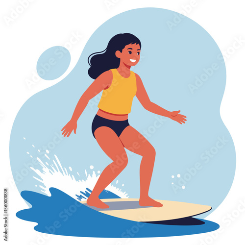Flat design image shows Girl learning to surf, enjoying summer lifestyle on surfboard in sea. Girl learning to surf action, performing watersport activities with smile in ocean.