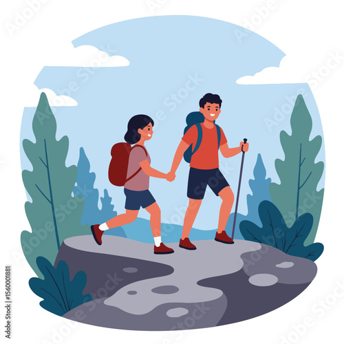 Flat family hiking rocky trail shows cheerful couple walking on mountain path. Flat family hiking rocky trail includes backpacks, hiking poles, and outdoor clothing, trees and clouds.