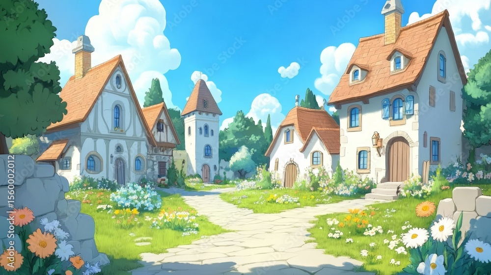 Naklejka premium Enchanting anime village blooms with vibrant flowers and lush trees under a clear sky, inviting creativity and imagination.