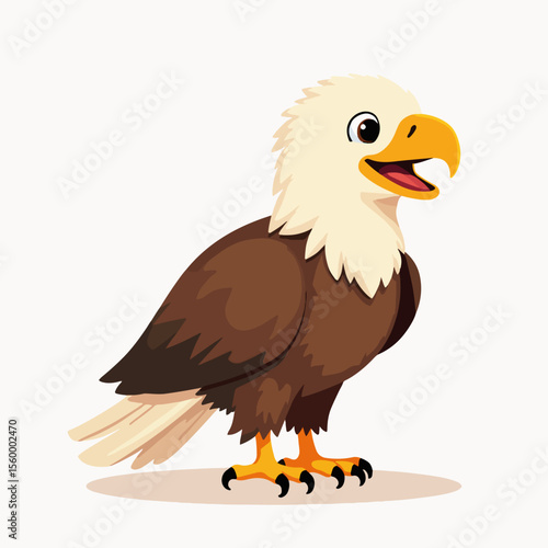 Cute eagle illustration with brown plumage and white head, showcasing an adorable bird. This lovely eagle illustration displays a cartoon eagle in profile with a friendly expression, conveying charm.