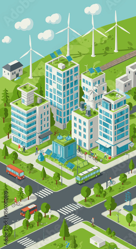 This vector image showcases a green, sustainable urban city.
