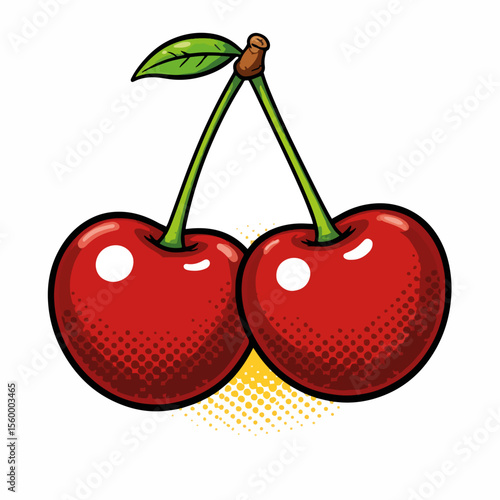 Two red cherries hanging side by side, ripe cherry fruits present juicy sweetness. Fresh cherries provide vibrant color and a burst of flavor. Sweet cherry fruit ideal for summer themed designs,