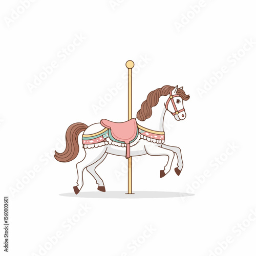 Carousel horse illustration on white background, featuring classic toy horse with pole. Carousel horse design elements show fairground attraction, perfect for children's room decor, party invitations.