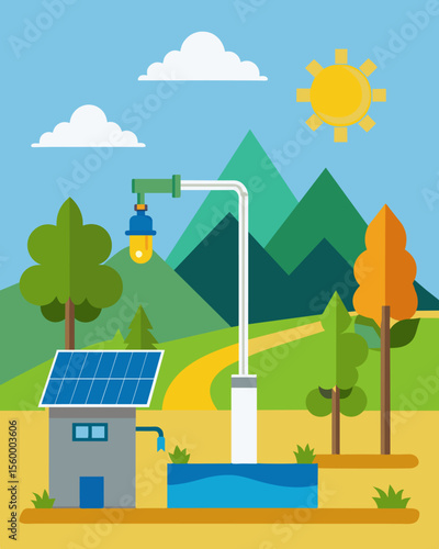 A solarpowered water pump aiding in the reforestation efforts of a barren and hilly region.. Vector illustration