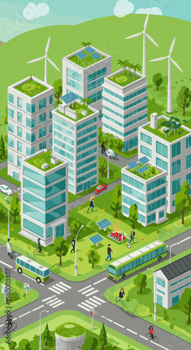 This vector image showcases a green, sustainable urban city.
