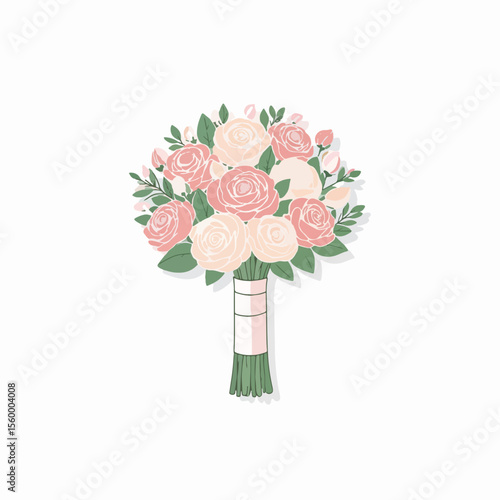 Bride bouquet flatlay showcases elegance with fresh roses and lush foliage, arranged as exquisite flowers for wedding. Bride bouquet flatlay displays beautiful roses, creamy blossoms,