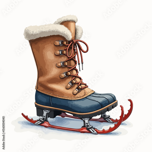 Boots with crampons showcase winter footwear for outdoor adventures. Boots with crampons feature detailed treads and warm lining, providing traction for icy conditions.