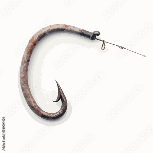 Rusty fishing hook with barbless point on white background, showing detailed metal texture. Hook's barbless design reduces harm to fish, promoting catch and release,