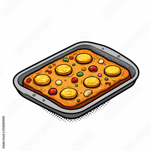Baking tray filled with delicious treat, adorned with candied dots and sweet topping. Baking tray showcases a tempting dessert, ideal for any occasion.