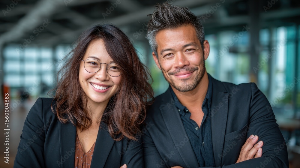 A professional couple, proudly posing in smart attire, smiles confidently at the camera, reflecting partnership and collaboration in a modern office space full of light. A professional couple, proudly posing in smart attire, smiles confidently at the camera, reflecting partnership and collaboration in a modern office space full of light.