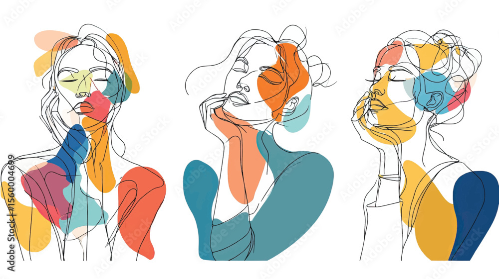 Obraz premium Abstract line art of three women in thoughtful poses with colorful shapes