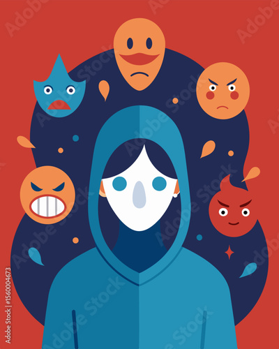 A person with a mask on hiding their true thoughts and emotions while being controlled by outside forces.. Vector illustration
