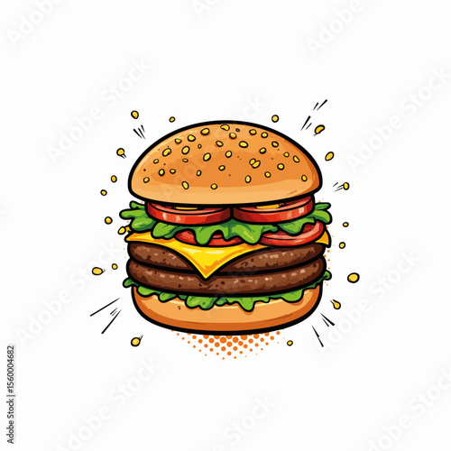 Tasty burger in perspective with dynamic motion lines presents sesame seeds floating off, showcasing mouthwatering details. 