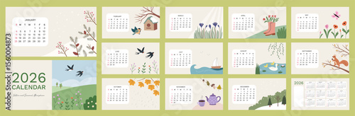 Desk Horizontal Illustrated Calendar 2026 with hand drawn scenes inspired by nature. Week start from Sunday